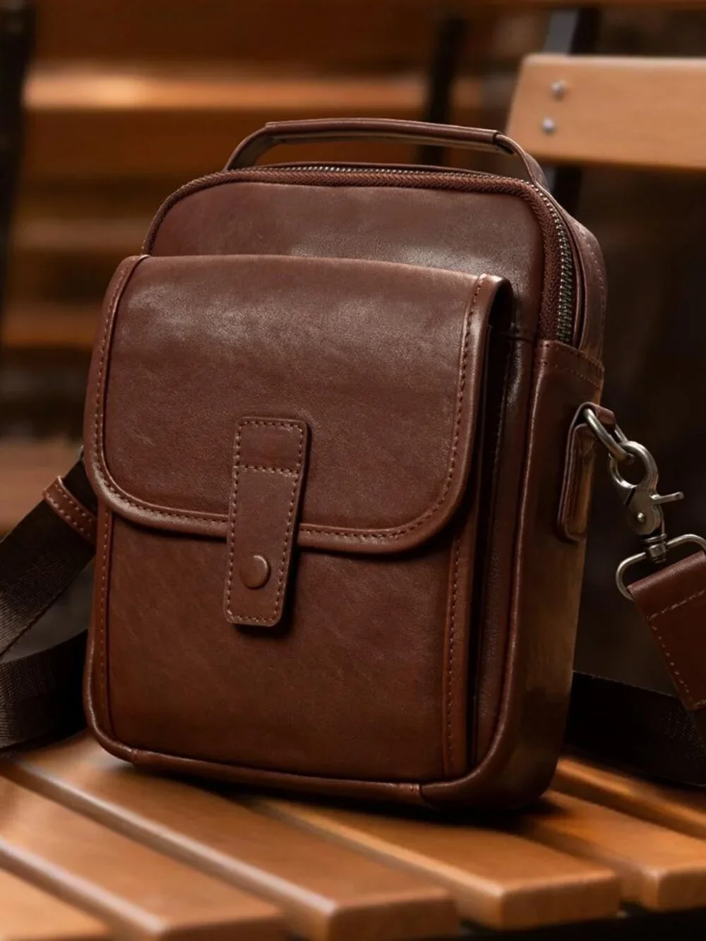 Men's Dark Brown Leather Shoulder Sling Travel Crossbody Magnetic Buckle Bag